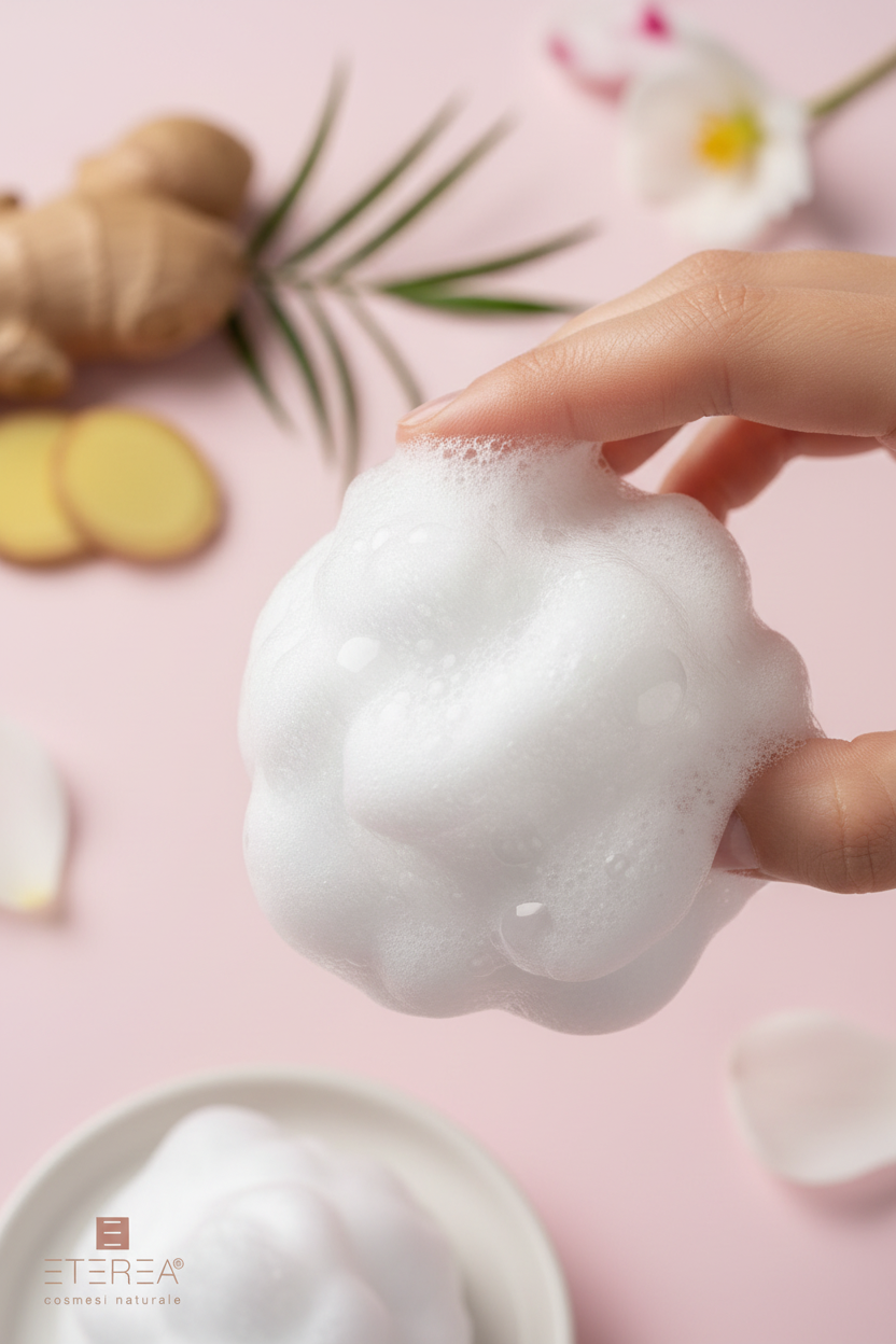 Zbliżenie na białą pianę oczyszczającą